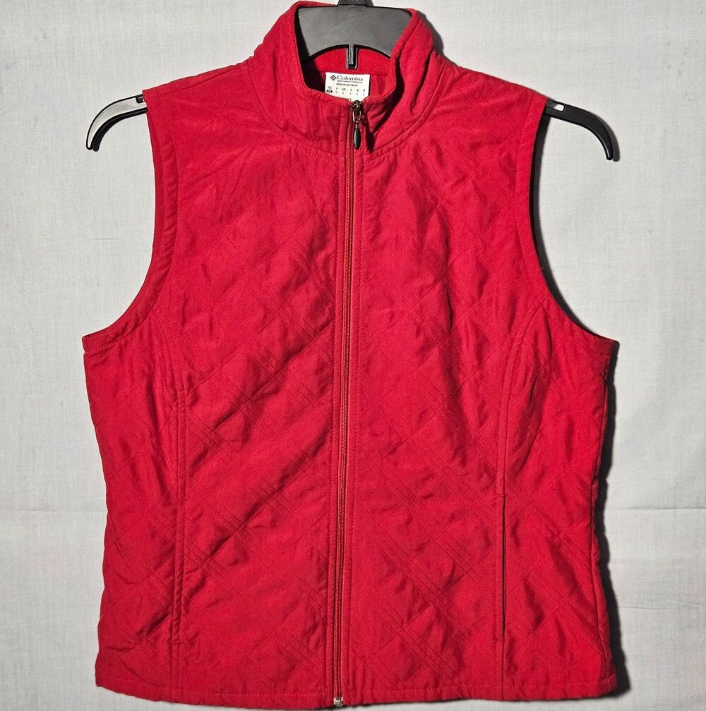 Columbia Vest Full Zip Quilted Womens M Red Lightweight Fleece Lined Cabincore